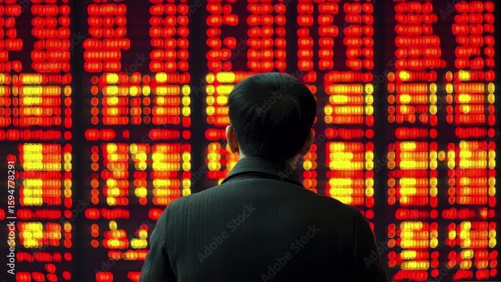 Poster financial market data displayed on a computer monitor with a focused observer in a trading environme