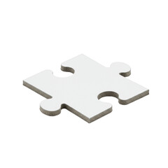 close-up of a single, blank, white corner jigsaw puzzle piece, thick cardboard, precise interlocking edges, isolated on a transparent background with flat diffuse lighting and no shadows. Concept of