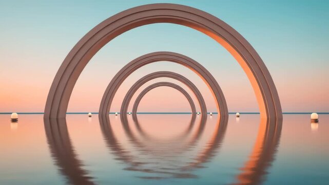 Smooth forward camera movement through a series of nested, circular arches standing over calm reflective water during a serene sunset.