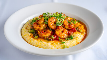 Creamy Stone-Ground Grits with Cheddar and Shrimp Garnished with Green Onions in Elegant Presentation