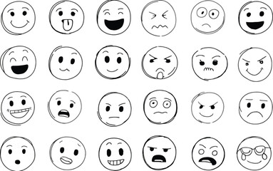Hand Drawn Circle Emoticons Icons Set Variety Of Facial Expressions Doodle