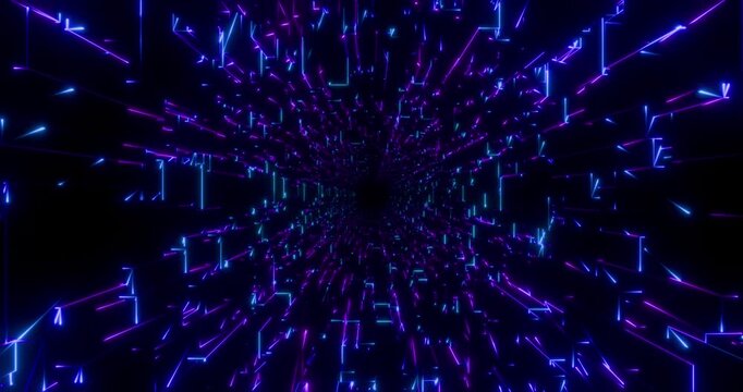 Futuristic glowing neon rotate wireframe cube background. Shining geometric blue lines inside tube in perspective. Bright retro digital cyberspace. 4K 3D rendering loop animation.