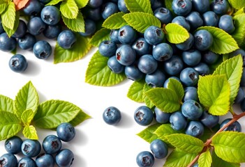 A mound of plump blueberries, glistening, nestled amongst vibrant green leaves on a pristine white background, leaf, natural