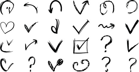 Hand Drawn Doodle Set on White Background Arrows, Check Marks, Question Marks