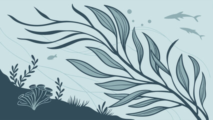 Serene underwater kelp forest illustration with sharks, fish, and aquatic plants in a minimalist blue and green flat design style, depicting a vibrant marine ecosystem.