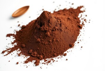 A mound of rich, dark cocoa powder sits on a stark white background, dietary, image
