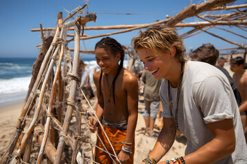 Two young friendsare smiling while building a wooden structure on a beach