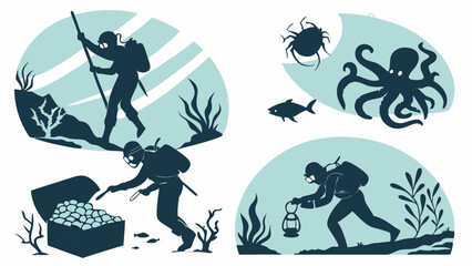 Captivating Vector Silhouettes of Scuba Divers on an Underwater Adventure, Exploring Deep Ocean Depths, Discovering Sunken Treasure, and Encountering Marine Life.