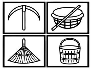 Collection of garden and farming tools including a pickaxe net rake and bucket