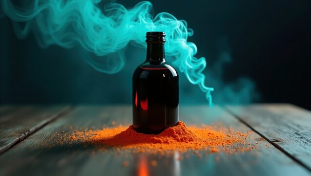 Black bottle with red liquid on orange powder with teal smoke on wood surface - Powered by Adobe