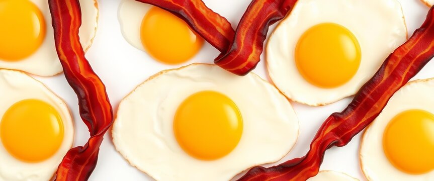 A repeating vector pattern of fried eggs and crispy bacon, leaving ample white space, white, seamless