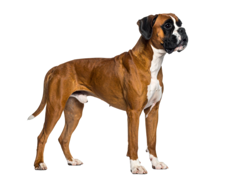 Boxer Dog in Alert Standing Pose, Muscular Build, Side Profile View, Isolated on Transparent Background 