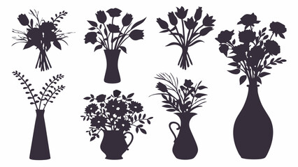 Elegant black flower silhouettes set. Diverse floral bouquets in various vases and hand-tied arrangements, perfect for decorative design elements and botanical art.