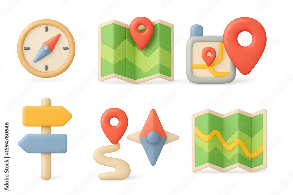 Poster 3d navigation and mapping icons with location pins and compass elements