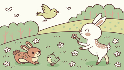 Cute pastel cartoon illustration of a baby deer holding a flower near a bunny, with another rabbit and birds in a happy spring meadow with green hills and trees.