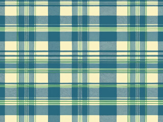 Classic plaid pattern with intersecting bands of teal, light yellow, and thin green stripes. A traditional and versatile textile design for backgrounds and textures.