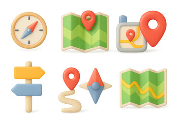 3d navigation and mapping icons with location pins and compass elements