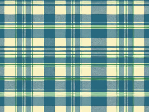 Classic plaid pattern with intersecting bands of teal, light yellow, and thin green stripes. A traditional and versatile textile design for backgrounds and textures.
