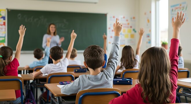 Learning and Interaction: A Group of Elementary School Kids with Hands Up in a Classroom Setting, Indicating Enthusiasm and Engagement with Their Teacher