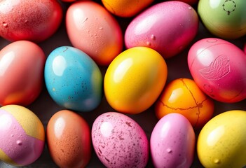 A row of vibrant, glossy chocolate eggs, varying in color and size, colorful eggs, orderly