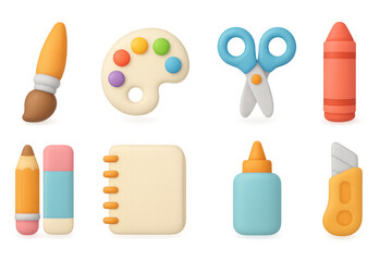 Colorful 3d art and craft tools collection for creative projects