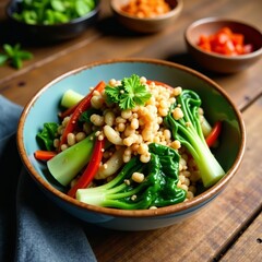 A rustic bowl of stir-fried bok choy and cabbage with colorful vegetables on a wooden table, vegetarian, organic, Healthy