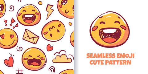 Cute seamless pattern of colorful hand drawn doodle emoji faces. Vector crayon scribbles with emoticons, heart, crown, underline, punctuation, speech. Perfect for wallpapers, fabrics, and backgrounds