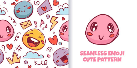 Cute seamless pattern of colorful hand drawn doodle emoji faces. Vector crayon scribbles with emoticons, heart, crown, underline, punctuation, speech. Perfect for wallpapers, fabrics, and backgrounds