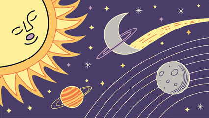 Whimsical cartoon solar system illustration featuring a sleeping sun, crescent moon, ringed planets, and stars on a purple cosmic background.