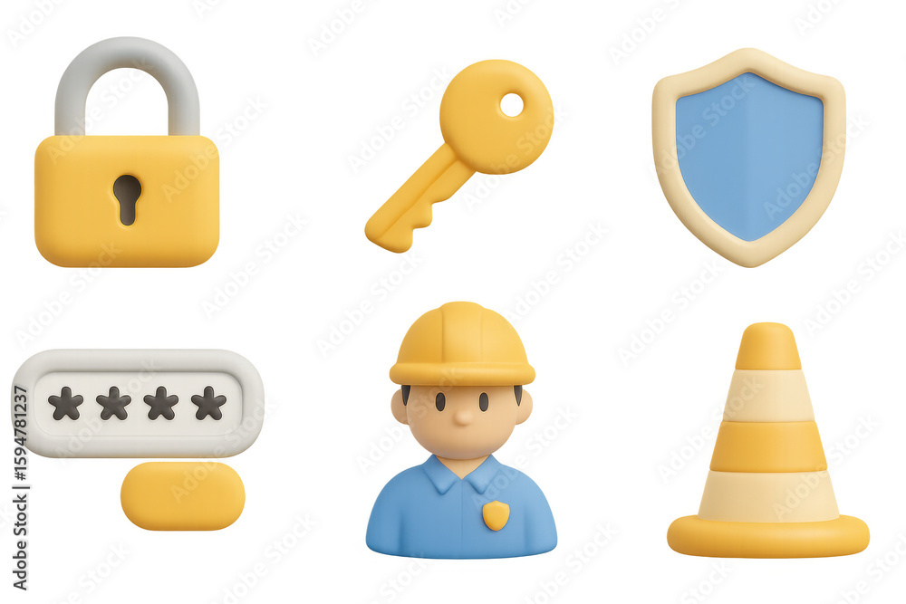 Poster 3d security icons set with construction worker and safety elements