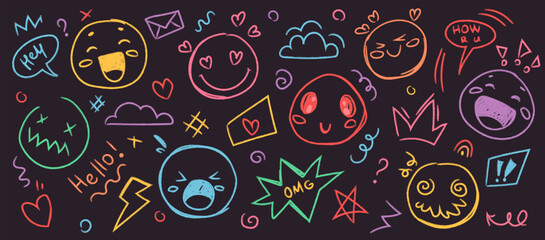 Hand drawn doodle emoji faces crayon set. Chalk scribbles with emoticons, heart, crown, underline, punctuation, speech bubble. Fun kid style charcoal marker texture, phrases. Vector illustration