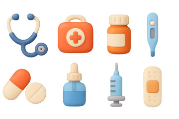 3d medical icons set featuring stethoscope, syringe, and medicine