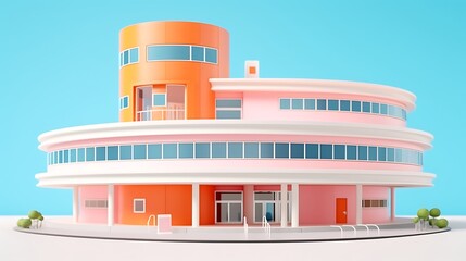Fototapeta premium Hyper-modern clinic building model with recessed windows, placed on pastel coral background, medical clean design, sharp realism .