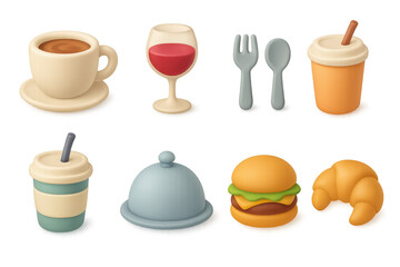 3d food and drink icons collection: coffee, wine, cutlery, and snacks