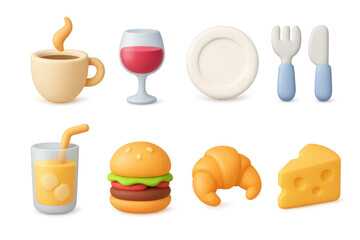 Colorful 3d icons of food and drink items for digital design projects