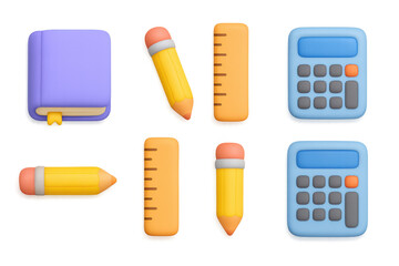 Colorful 3d school supplies with notebook, pencils, ruler, and calculator on white background
