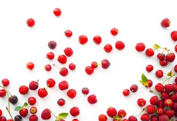 A scattering of ripe berries falling against a pristine white background,  blueberry, organic