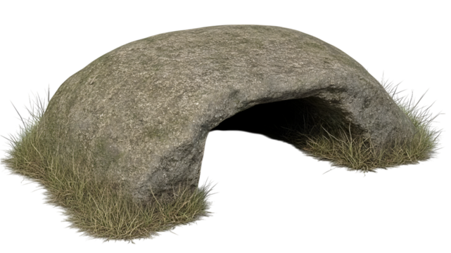 Ancient stone shelter remote location 3d model natural environment side view conceptual design