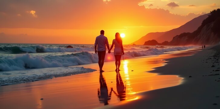 A silhouette of a couple walking hand in hand along the beach at sunset, with waves crashing in the background, love, couple, holding hands - Powered by Adobe
