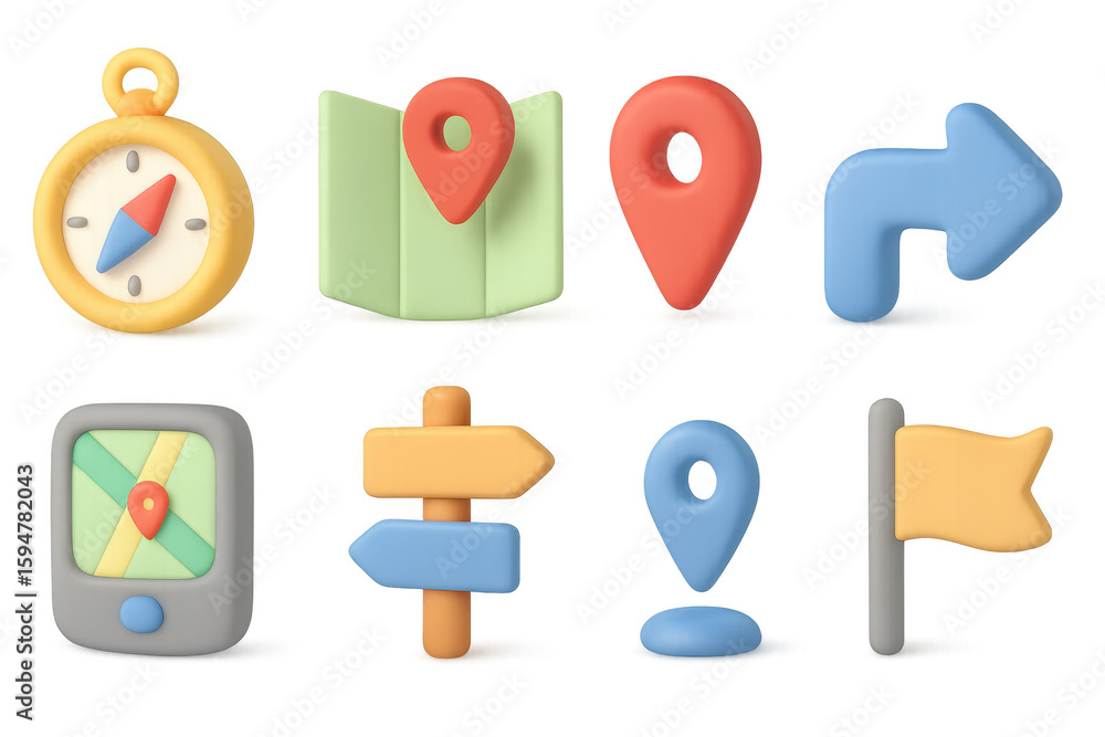 Poster navigation and location icons in 3d style for travel and map applications