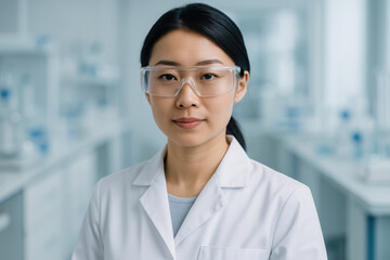 Fototapeta premium Portrait of young confident asian scientist wearing protective glasses in laboratory