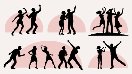 Obraz premium Dynamic silhouettes of happy people dancing at a party or celebration event, vector illustration showcasing men and women having fun together on a light background.