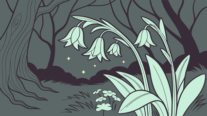 Ethereal Night Forest Illustration with Glowing Bellflowers and Fireflies. Stylized Dark Woodland Scene Featuring Magical Flora and Trees.