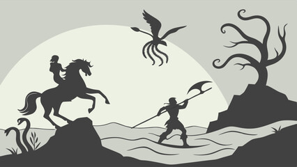 Epic monochrome fantasy silhouette art depicting a knight on horseback, an axeman in water, and a flying monster with a spear, set against a gnarled tree and moon.