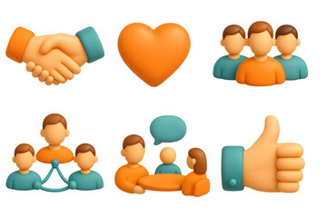 3d icons of teamwork and communication in orange and blue