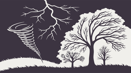 Intense black and white storm graphic with lightning bolts, a destructive tornado, and stark silhouetted trees on a dark landscape.