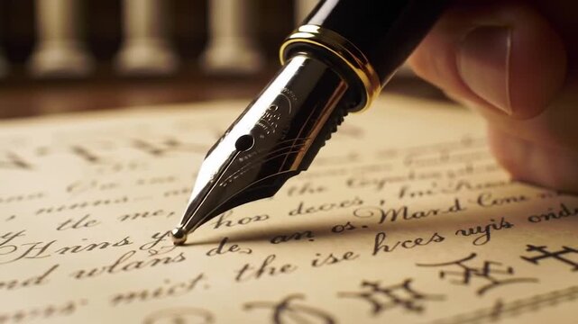 A detailed fountain pen writing on a old contract, with legal symbols and a courtroom background in soft focus