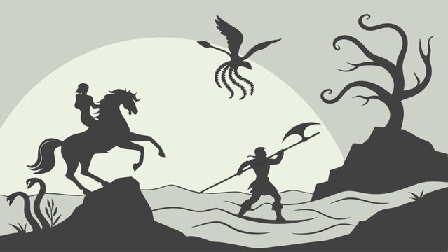 Epic monochrome fantasy silhouette art depicting a knight on horseback, an axeman in water, and a flying monster with a spear, set against a gnarled tree and moon.