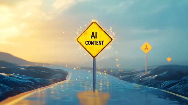 Ai content warning sign on the road to the future artificial intelligence concept