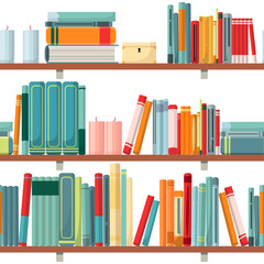 Seamless vector pattern. Illustration with hand drawn flat style bookshelves. Various colored books in home library. School textbooks stand on the shelf. Illustration isolated on white background.